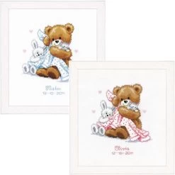 Vervaco Bear With A Blue Blanket Birth Record Counted Cross-Stitch Kit