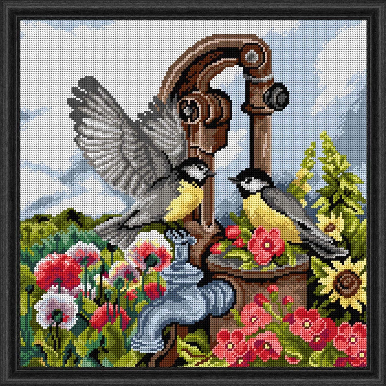 Orchidea Birds At The Hand Pump Needlepoint Canvas 1 Orchidea Birds At The Hand Pump Needlepoint Canvas