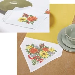 Herrschners Fall Floral Fantasy Table Runner & Napkins Stamped Cross-Stitch