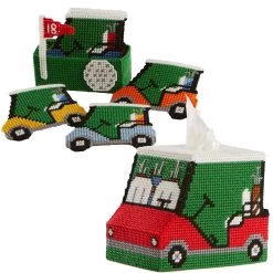 Herrschners Golf Cart Tissue Box & Coasters Plastic Canvas