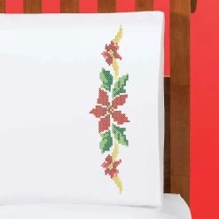 Herrschners Poinsettia Bough Pillowcase Pair Stamped Cross-Stitch